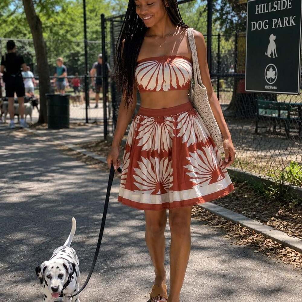 SHEIN Rust Floral Print Crop Top And Skirt Set